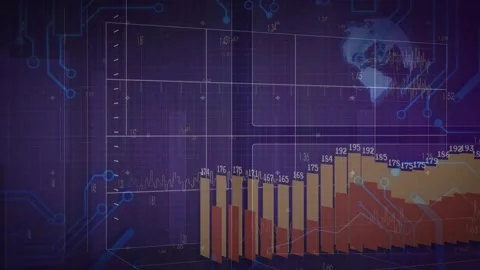 Code text initiating 3D bar cluster appearing and rising left-to-right Stock Footage 329702773