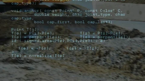 Code text scrolling starting excavator bucket scooping and dumping sand showing Stock Footage 328934882