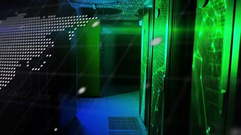 Code text scrolling starting map shift while revealing green glass network rack Stock Footage 332844214