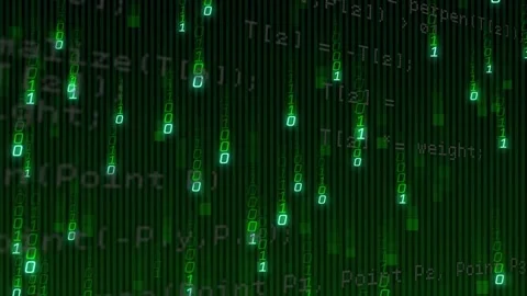 Code text solidifying starting binary digits falling through scrolling code Stock Footage 317593008
