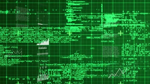 On code update green matrix UI scrolling code, rising bars, climbing line to Stock Footage 328384113
