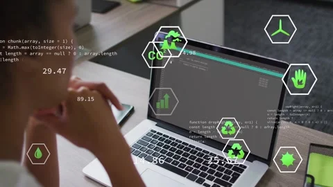 Code updating triggers woman leaning, adjusting hands while hexagon overlays Stock Footage 332591904