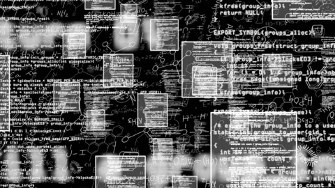 Code windows fading over blackboard sketches drifting enlarging rotating forming Stock Footage 311225775
