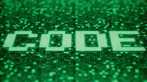 CODE word being made with flashing hexadecimal symbols on a green computer Stock-Illustration