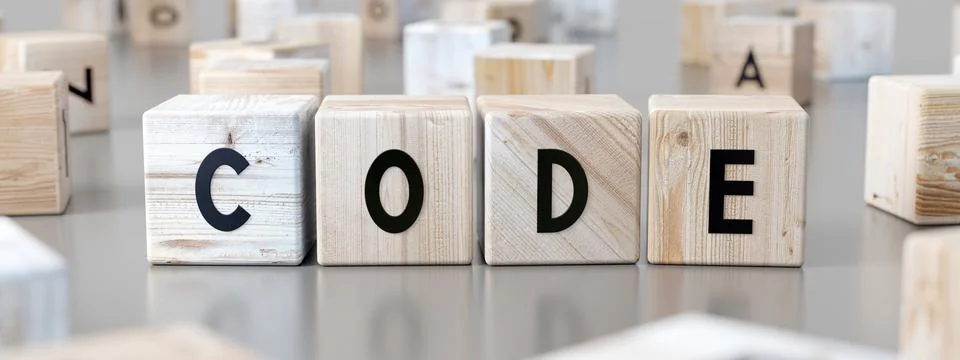 Code - word on wooden blocks - 3D illustration Illustrazione stock