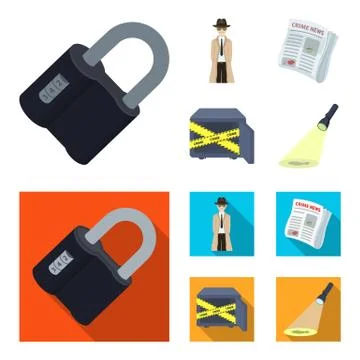 Coded lock, the appearance of the detective, a newspaper with criminal news, a Stock Illustration