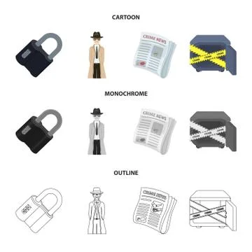 Coded lock, the appearance of the detective, a newspaper with criminal news, a Stock Illustration