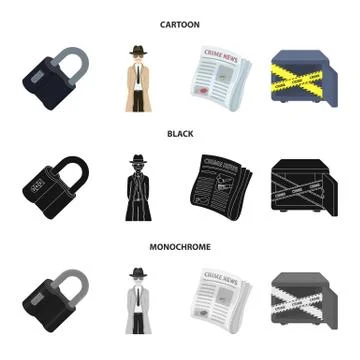 Coded lock, the appearance of the detective, a newspaper with criminal news, a Stock Illustration