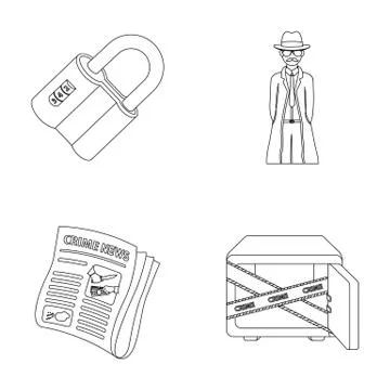 Coded lock, the appearance of the detective, a newspaper with criminal news, a Stock Illustration