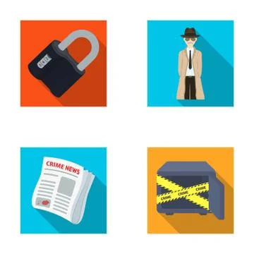 Coded lock, the appearance of the detective, a newspaper with criminal news, a Stock Illustration