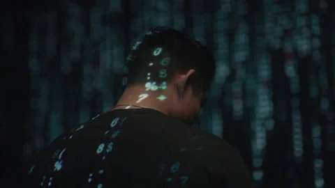 Coded Numbers Running Over Guy Stock Footage 208774638