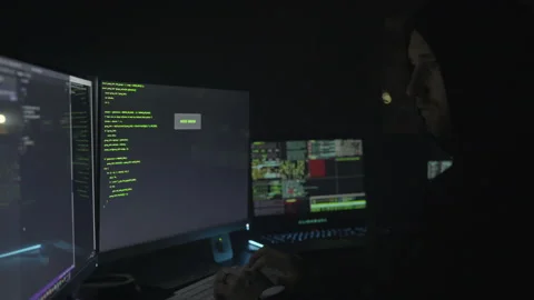 Coder in the Dark Sitting in Front of Multiple Devices Stock Footage 208746728