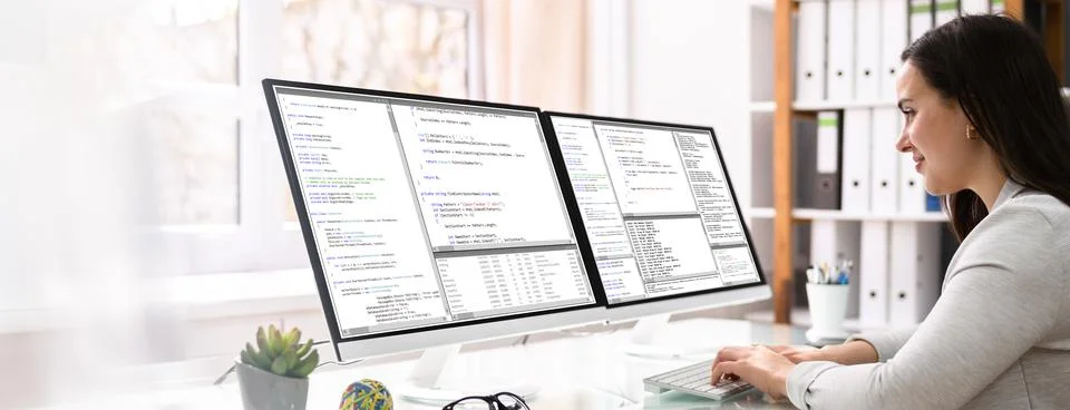 Coder Engineer Using Multiple Monitors Stock Photos