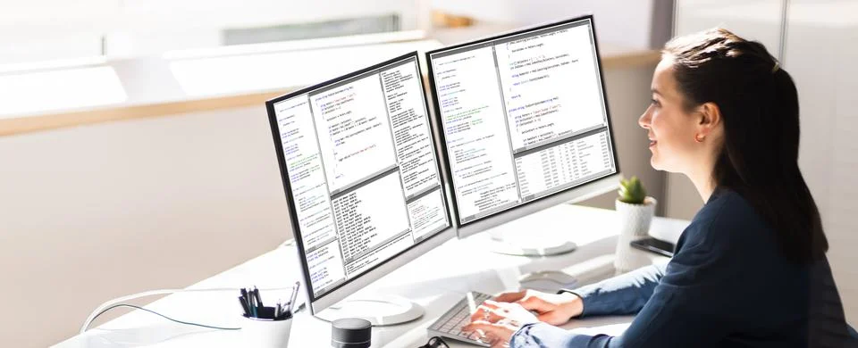Coder Engineer Using Multiple Monitors Stockfoto's