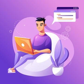 The Coder focused on the work project while sitting on an easy chair. Develop Stockillustratie