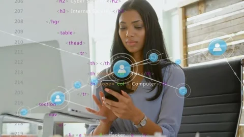 Coder grabbing smartphone and tapping phone screen, growing security network and Stock Footage 317660287