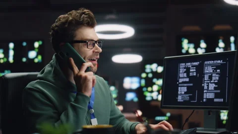 Coder guy answering cellphone call coding computer at night workplace closeup Stock Footage 260259766
