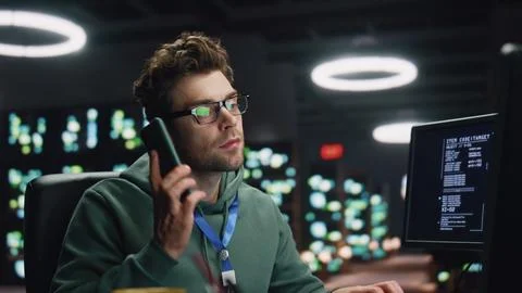 Coder guy answering cellphone call coding computer at night workplace closeup Stock Photos