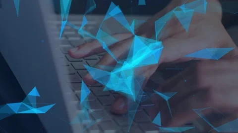 Coder hands hovering and pressing keys, activating blue triangle mesh drifting Stock Footage 335316951