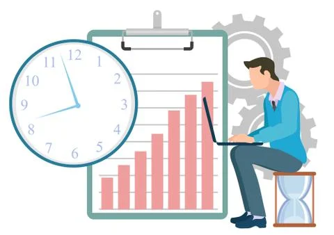 Coder with Laptop Time Management Clock Vector Illustrazione stock