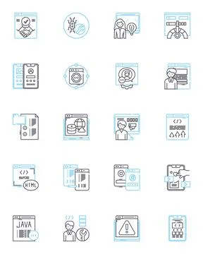 Coder linear icons set. Program, Algorithm, Syntax, Debugging, Javascript Stock Illustration