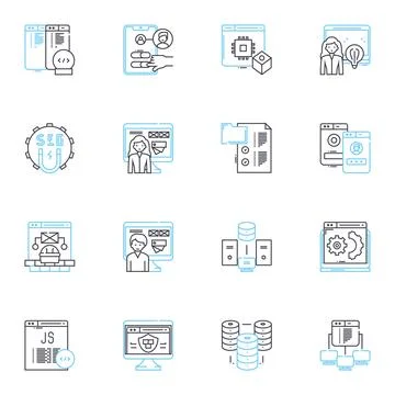 Coder linear icons set. Program, Algorithm, Syntax, Debugging, Javascript Stock Illustration