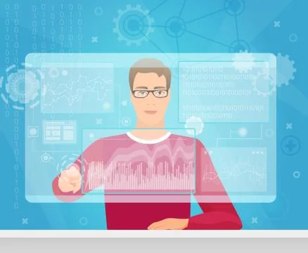 A coder looking at the diagrams and touching the computer screen vector Stock Illustration