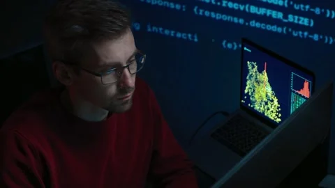 Coder or data scientist working at a dark workspace with multiple monitors Stock-Footage 345446287
