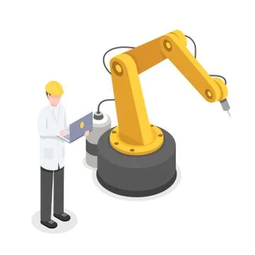 Coder, programmer controlling robotic arm manually. Robotics, cybernetics Stock-Illustration