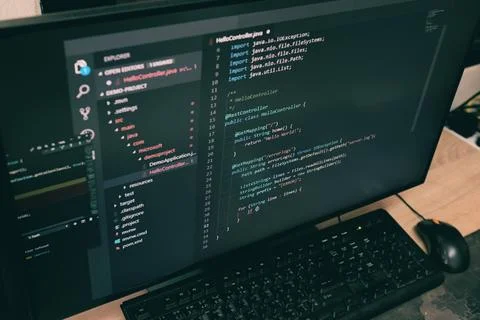 Coder programmers working in office, Programmer analyst writing code - codi.. Stock-Fotos