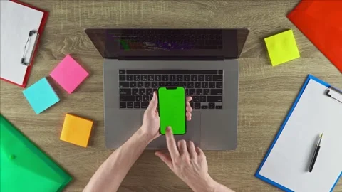 The coder is showing the programming courses green screen mockup concept. Video stock 208423344