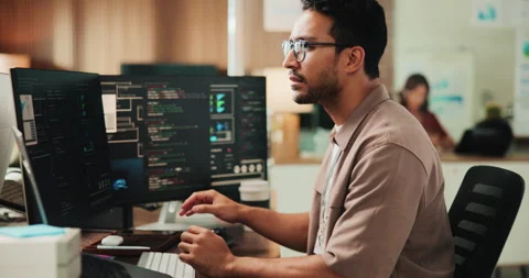 Coder, typing and man with computer screen, office and planning for project, Stock Footage 330048130