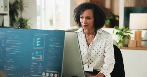 Coder, typing and woman with computer screen, office and plan for project, Stock Footage 330071840