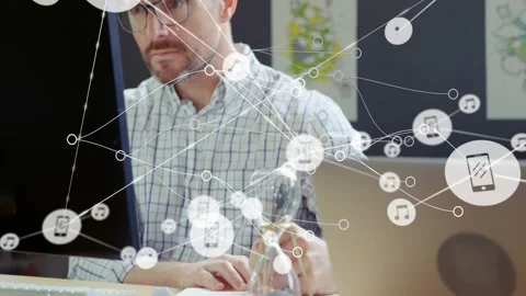 Coder typing, starting node map with phone and music icons, adjusting hourglass Stock Footage 330004370