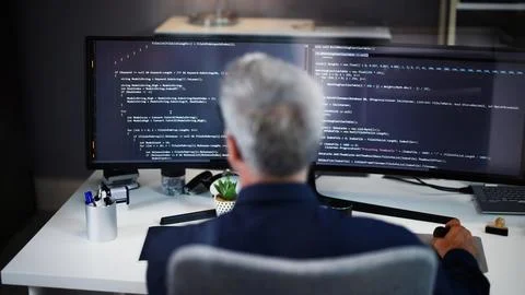 Coder Using Computer At Desk Foto stock