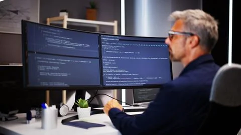 Coder Using Computer At Desk Foto stock