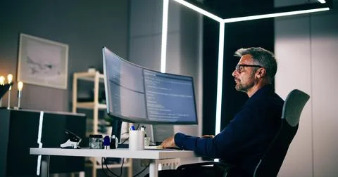 Coder Using Computer At Desk 写真素材