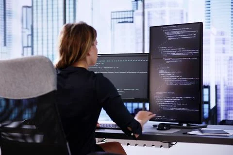 Coder Using Computer At Desk 스톡 사진
