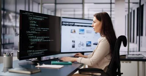 Coder Using Computer At Desk. Web Developer 스톡 사진
