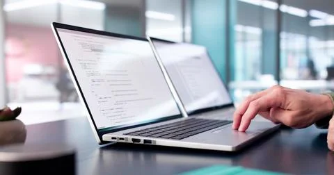 Coder Using Computer At Desk. Web Developer 스톡 사진