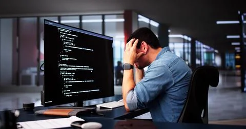 Coder Using Computer At Desk. Web Developer Stockfoto's