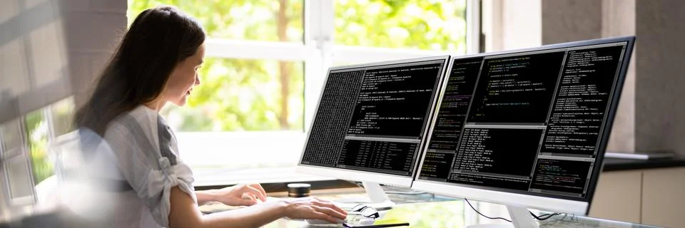 Coder Woman Coding On Computer Stock Photos