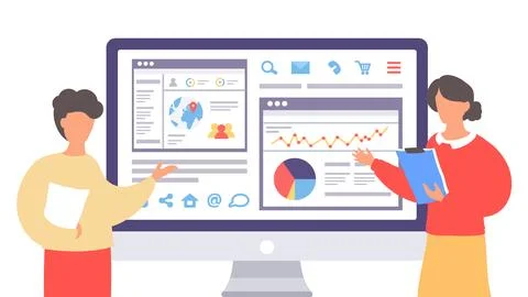 Coders or programmers show work statistic, analytics at website, making search Stock-Illustration