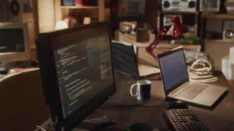 Codes Appearing on Desktop Computer in Old-Fashioned Room Stock Footage 263297206