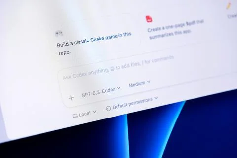 Codex artificial intelligence interface on a monitor screen with prompt input 스톡 사진