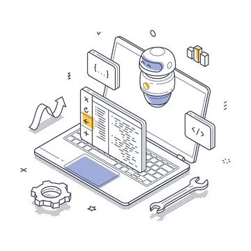 Coding and automation with a laptop and ai-powered code generation elements Stock Illustration