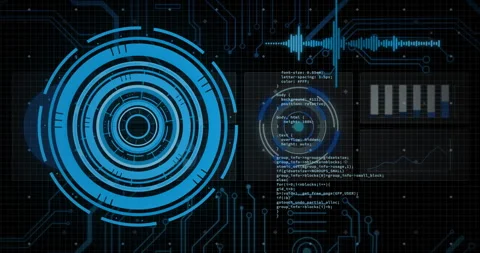 Coding and data processing animation on futuristic digital interface over Stock Footage 304101707