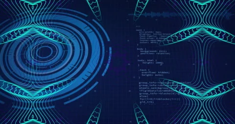 Coding and data processing animation over blue circular patterns and waveforms Stock Footage 305073976