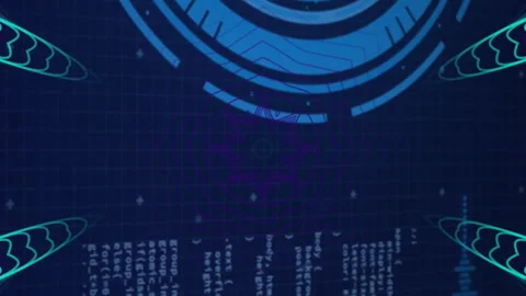 Coding and data processing animation over blue circular patterns and waveforms Stock Footage 312848458
