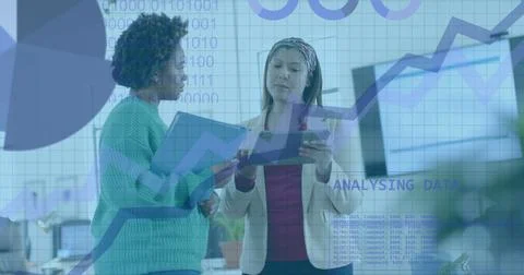 Coding and data processing on interface over diverse female colleagues Stock Photos